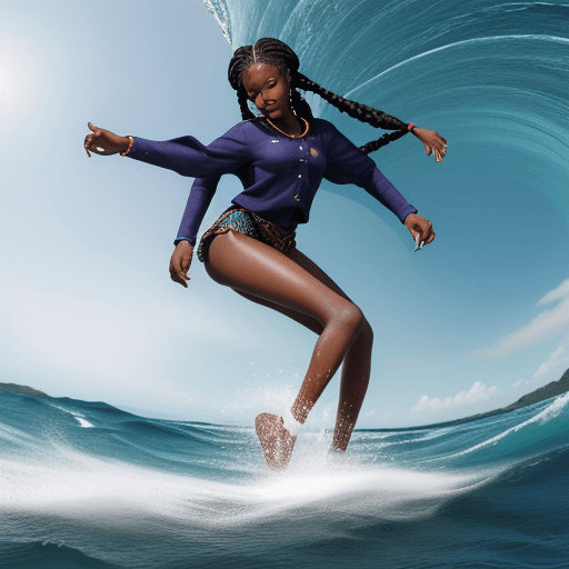 AI generated: African girl fully clothed with braids trips and falls inside ocean, hyper-realistic, 8k image 