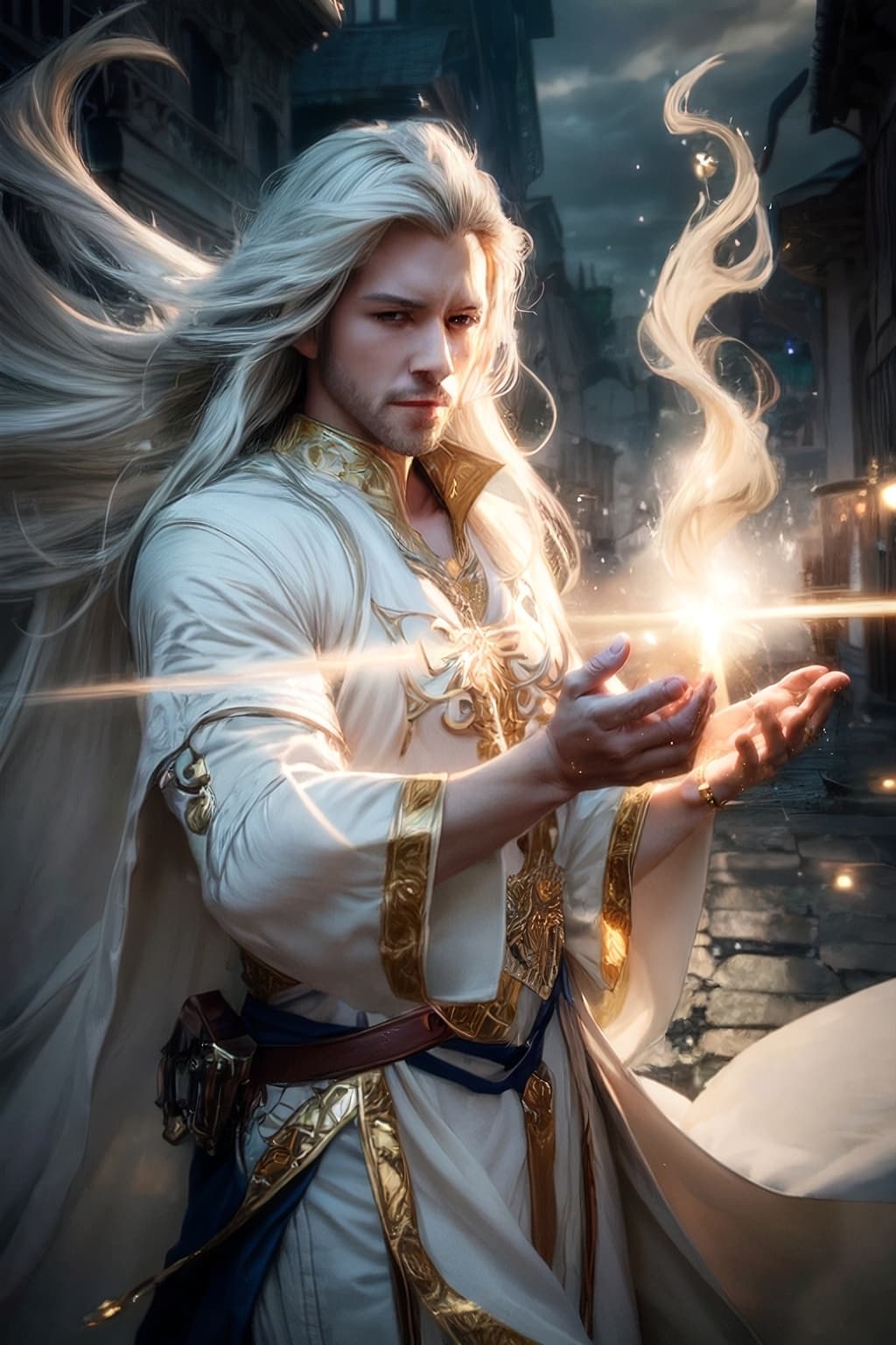 AI generated: photorealistic photo of a handsome young male wizard, white wizard shirt with golden trim, white rob...