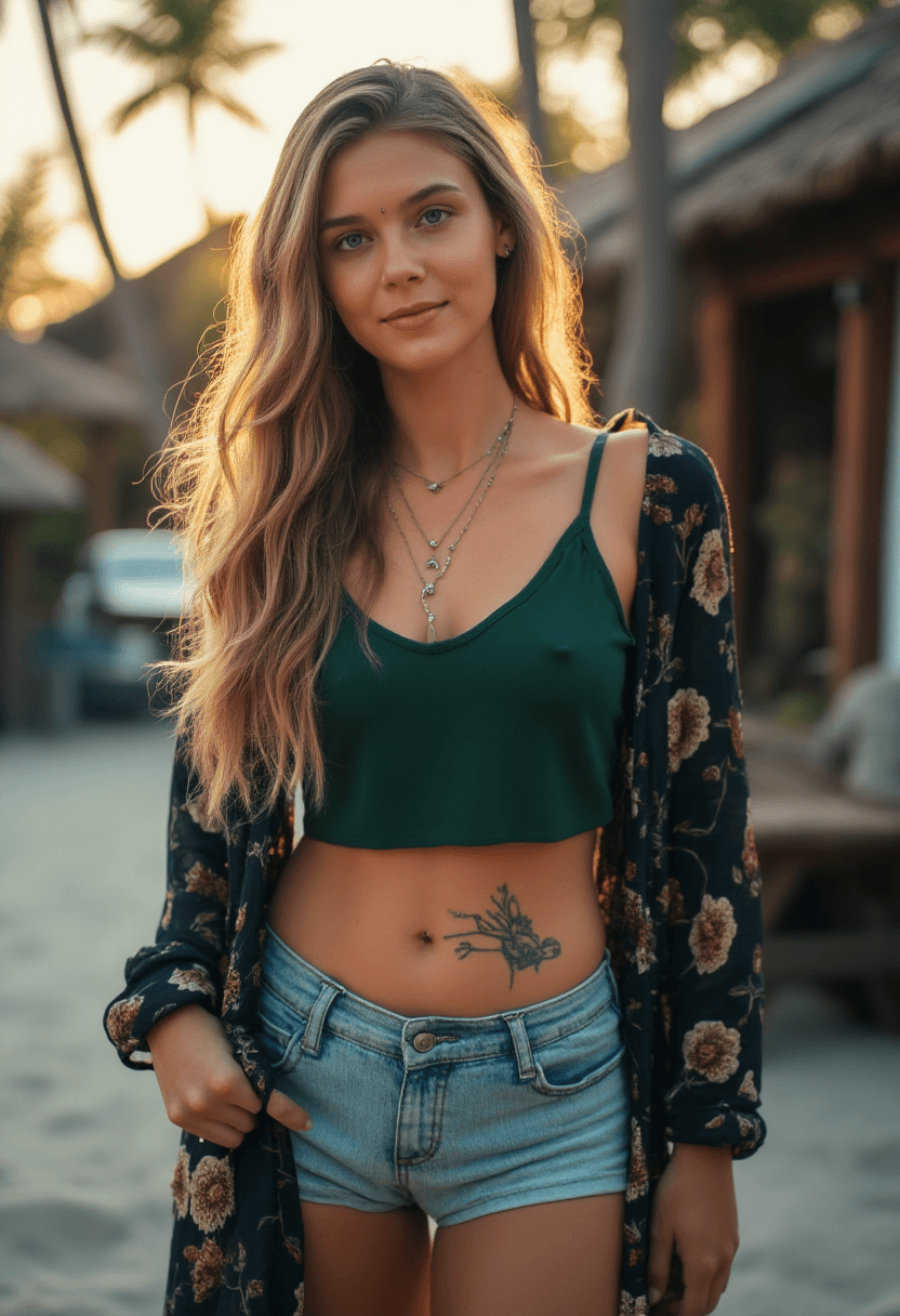 AI generated: Create a highly detailed, photorealistic portrait of a woman posing outdoors in casual attire, featu...