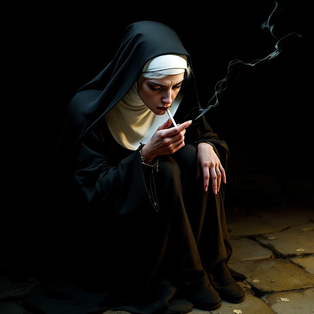 AI generated: ... full body shot of a white-haired nun, smoking, knees up, apathetic on dark background, from abov...