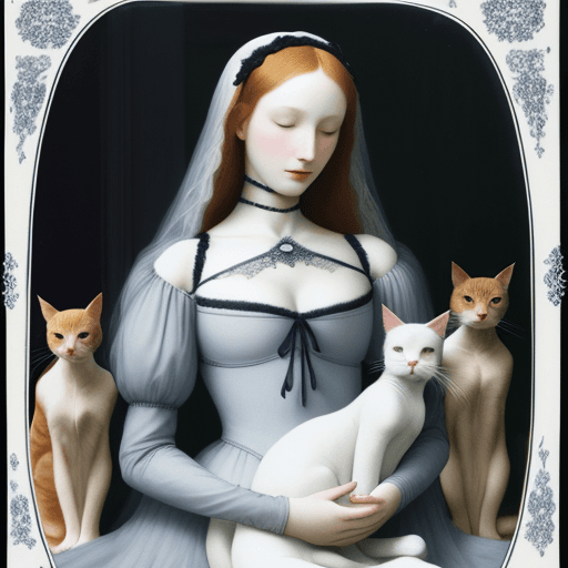 AI generated: images of woman with her cats, in the style of ethereal beauty, porcelain, dark white and light azur...