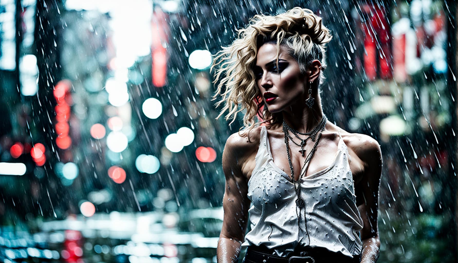 AI generated: RAW dslr portrait photograph of Madonna in a new music video, dynamic pose, anatomically correct fem...