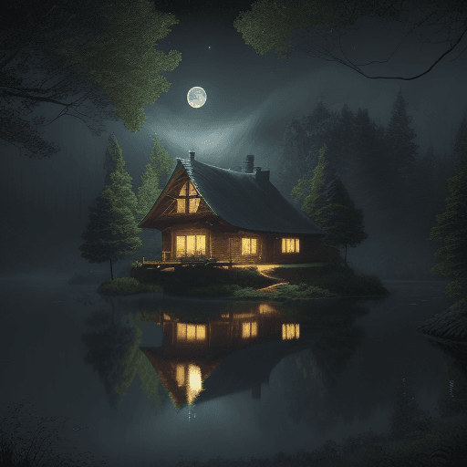 AI generated: ((best quality)), ((masterpiece)), ((realistic)), (detailed), scenery, moon, pond, forest, hut, dark...
