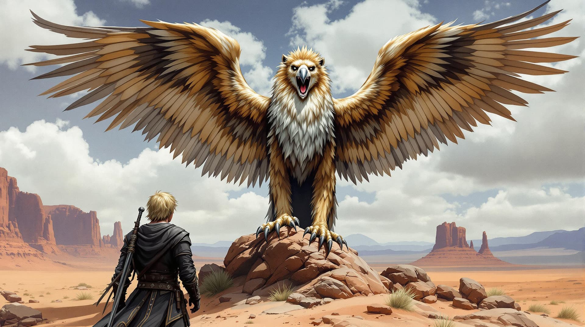 AI generated: Image is a fantasy scene featuring a large, majestic griffin with a lion's body and an eagle's head ...