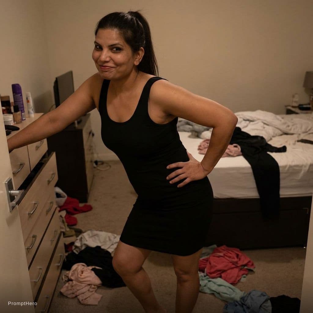 AI generated: teasing, wearing the same bodycon dress, standing seductive pose in a messy bedroom, ponytail hairst...