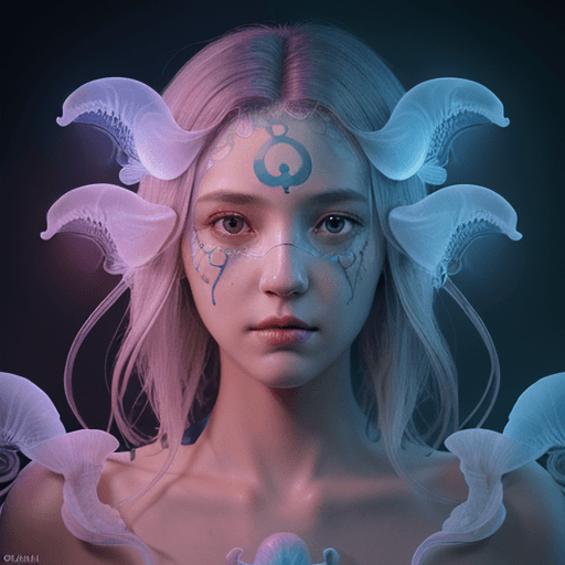 AI generated: Goddess close-up portrait ribcagel. jellyfish phoenix head, nautilus, orchid, skull, betta fish, bio...