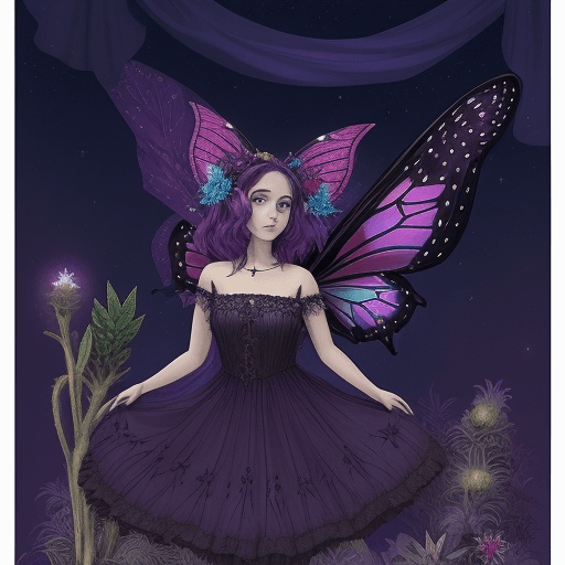 AI generated: Una mariposa morada con el cielo nocturno y plantas.