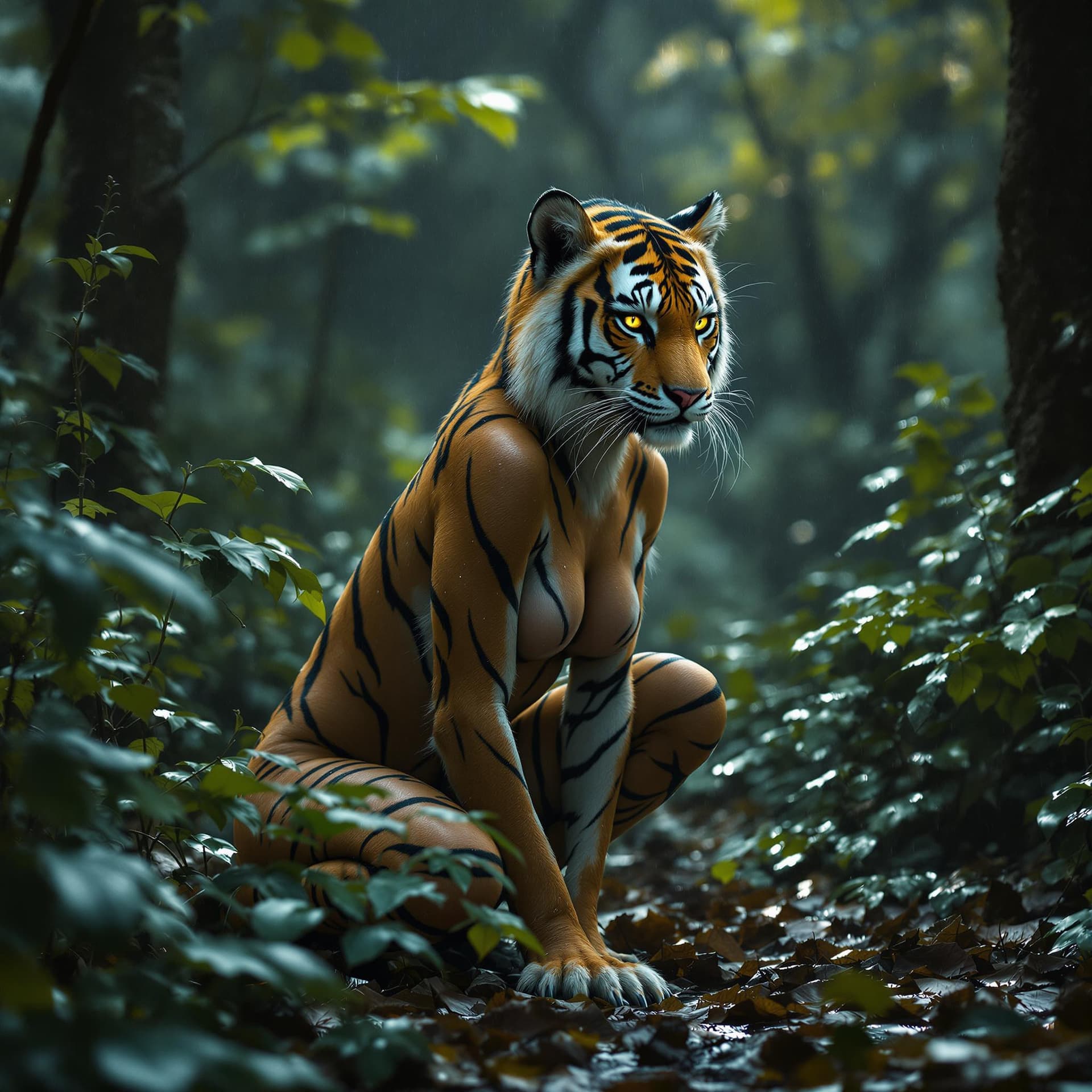 AI generated: A hybrid creature half tiger half women, in the woods, raining on the leafs, she is standing between...