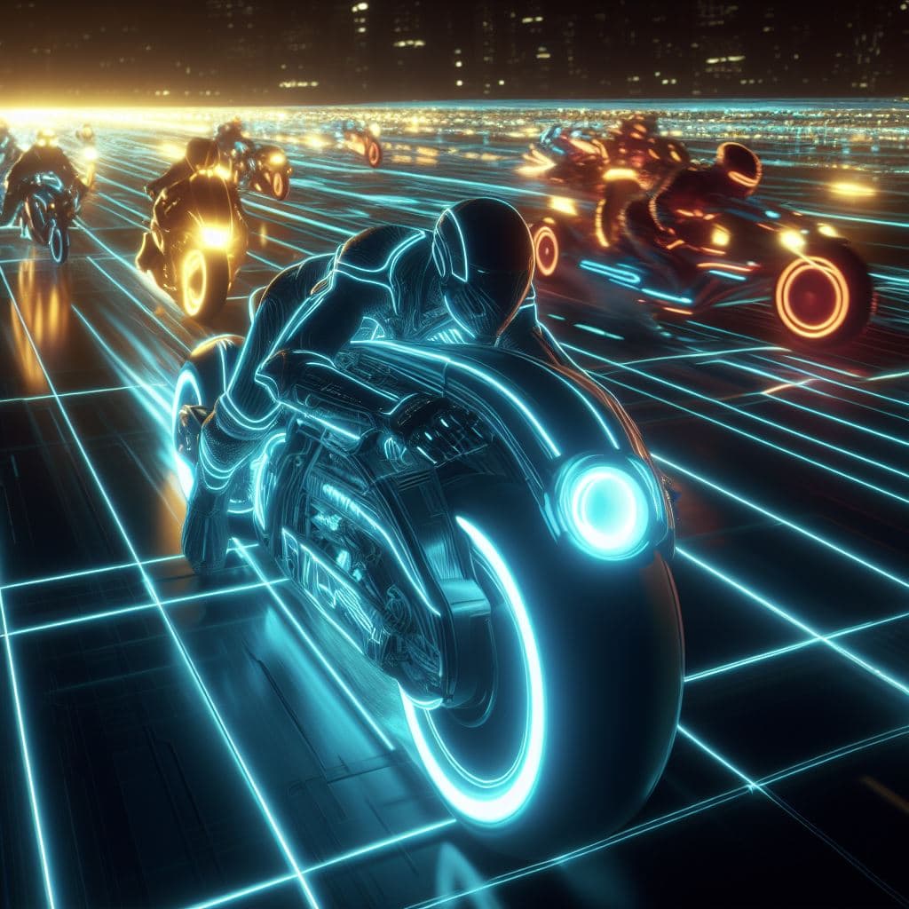 AI generated: A light racer(motorcycle) racing against other light racers in the grid in the world of Tron,highly ...