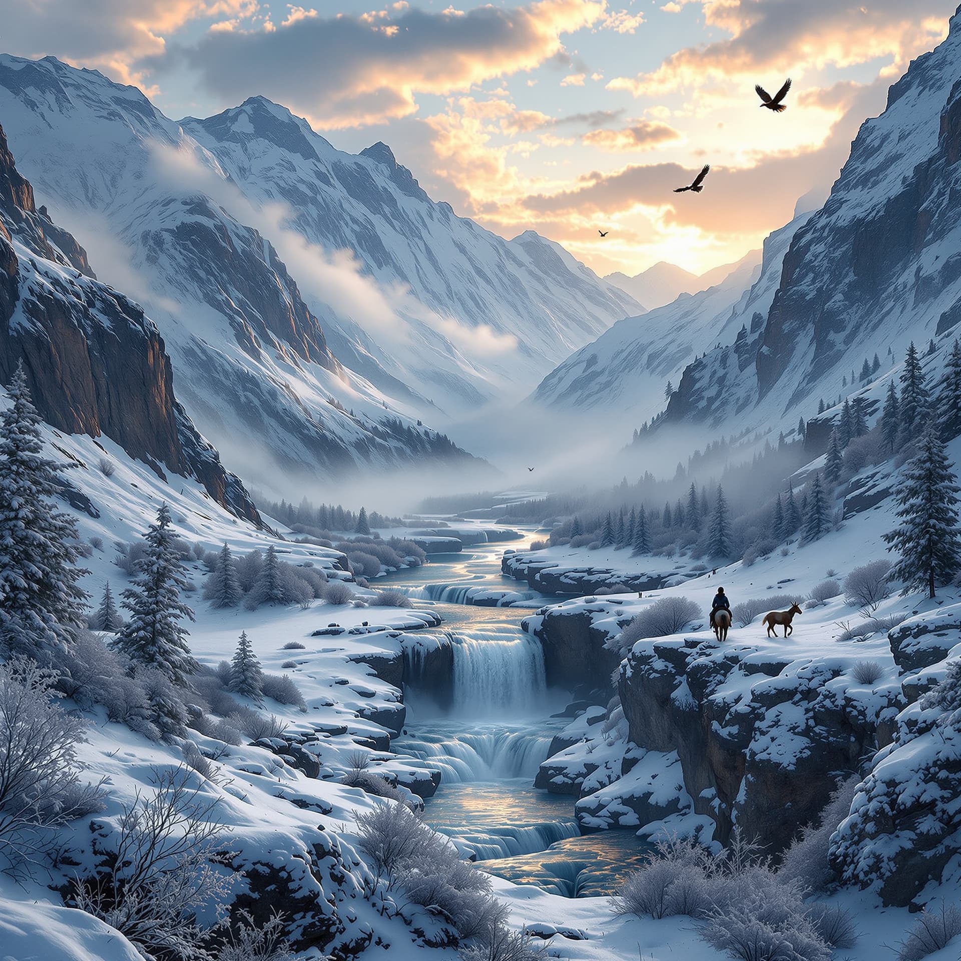 AI generated:  windy, snowy valley, with steep mountains around, deeply detailed 4k, drone-like view from above in...