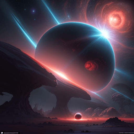 AI generated: Alien planet surface teeming with exotic plants and fascinating wildlife, under the celestial specta...