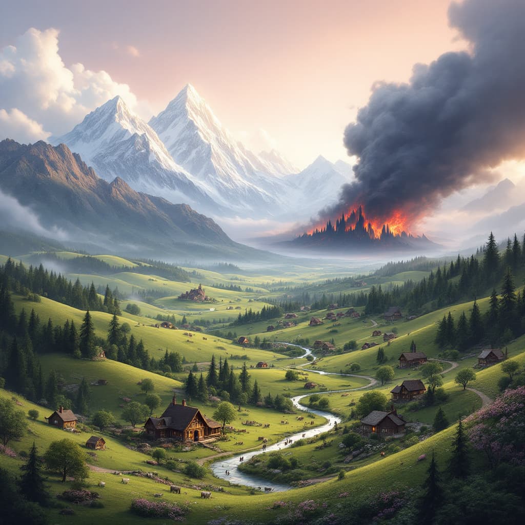 AI generated: A serene and beautiful landscape where humans and normal animals live, situated between two contrast...
