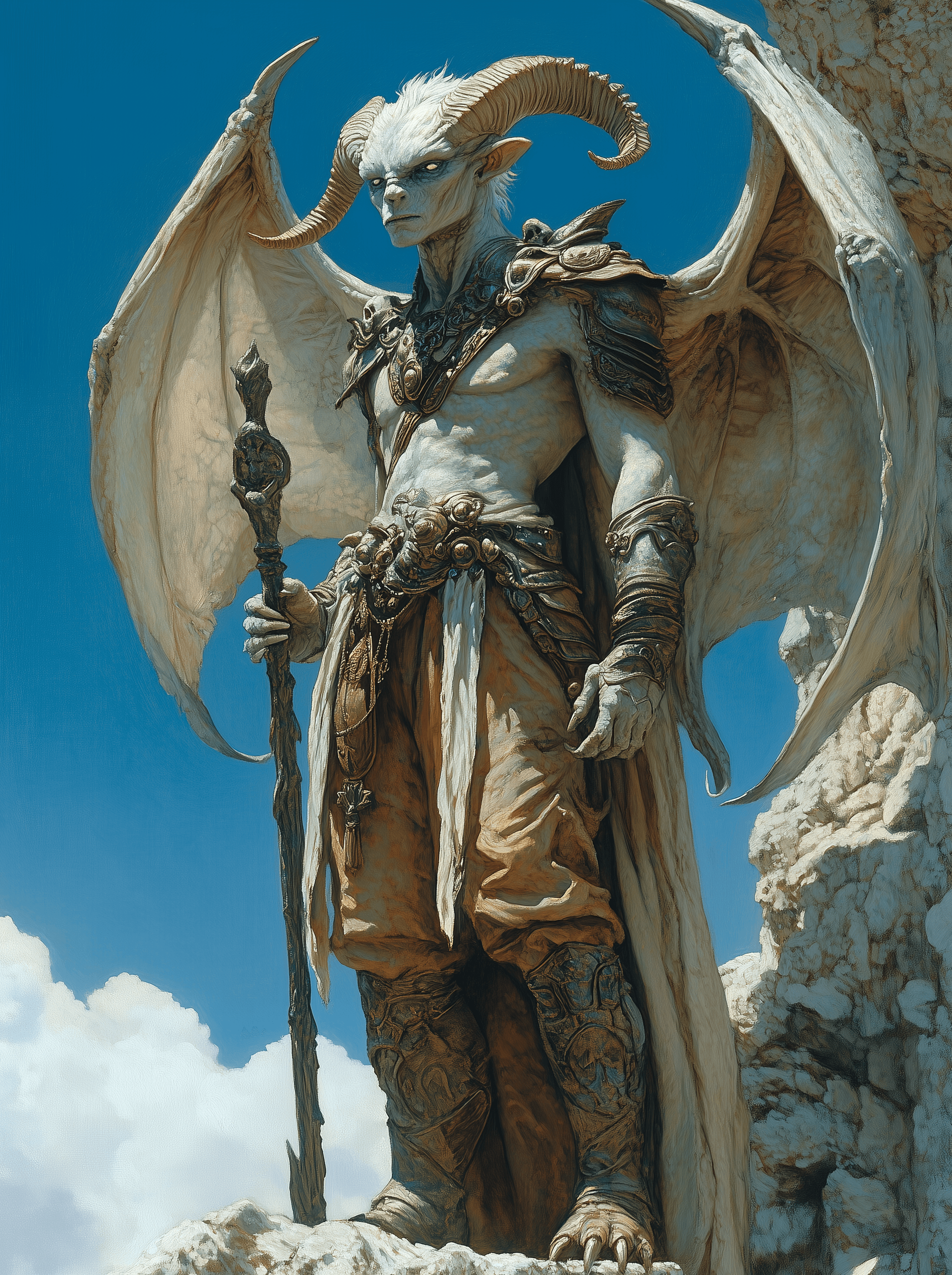 AI generated: A fantasy painting in the style of Jean Giraud Moebius, depicting an elegant alien with four long ar...