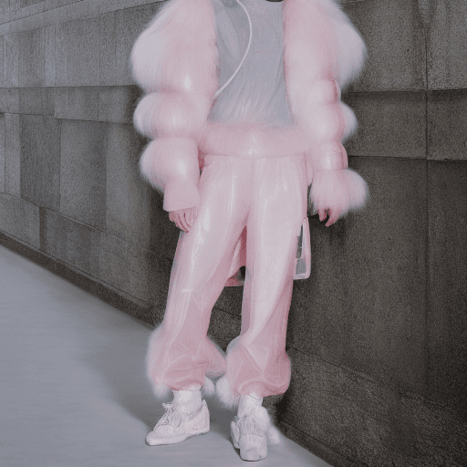 AI generated: Fashion shoot, Jacquemus and moncler collaboration: light pink translucent fur sneakers, hyper-reali...