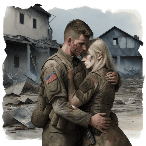 AI generated: Watercolor scene of a male soldier, his attire stained with signs of combat, holding a female defend...