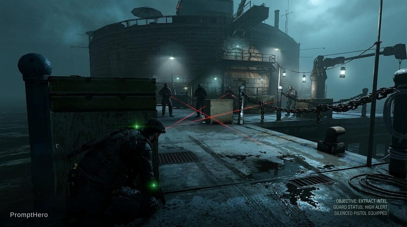 AI generated: Create an image reminiscent of a realistic video game screenshot, creating a sense of dread at night...