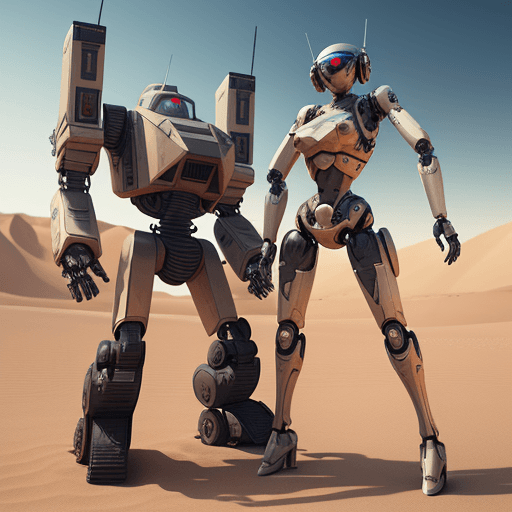 AI generated: robot with human pilot,in desert,machinegun in right hand,t symmetrical artwork. cinematic, hyper re...