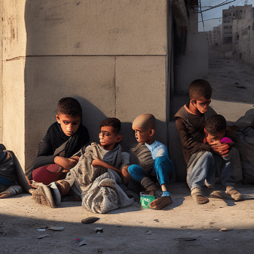 AI generated: High resolution photography homeless kids on Gaza city street; 8k, intricate detail, photorealistic,...