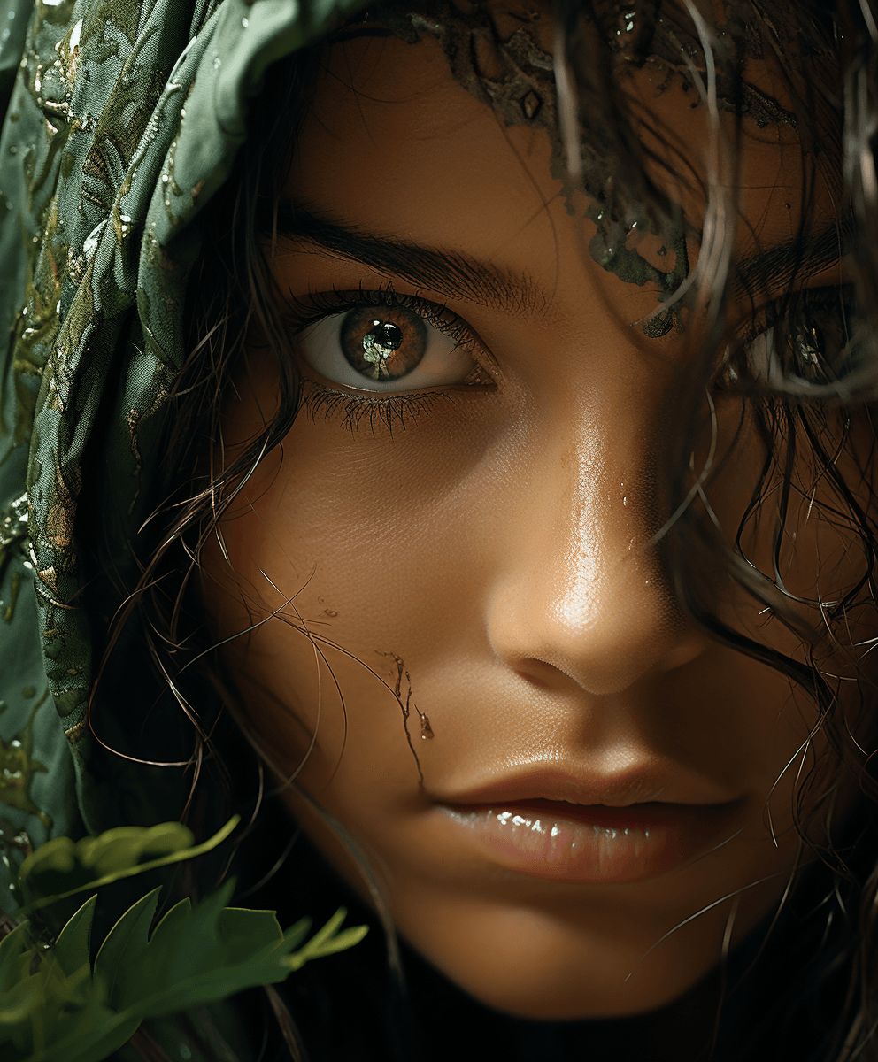 AI generated: a woman with green eyes and leaves covering her face, in the style of realism with fantasy elements,...