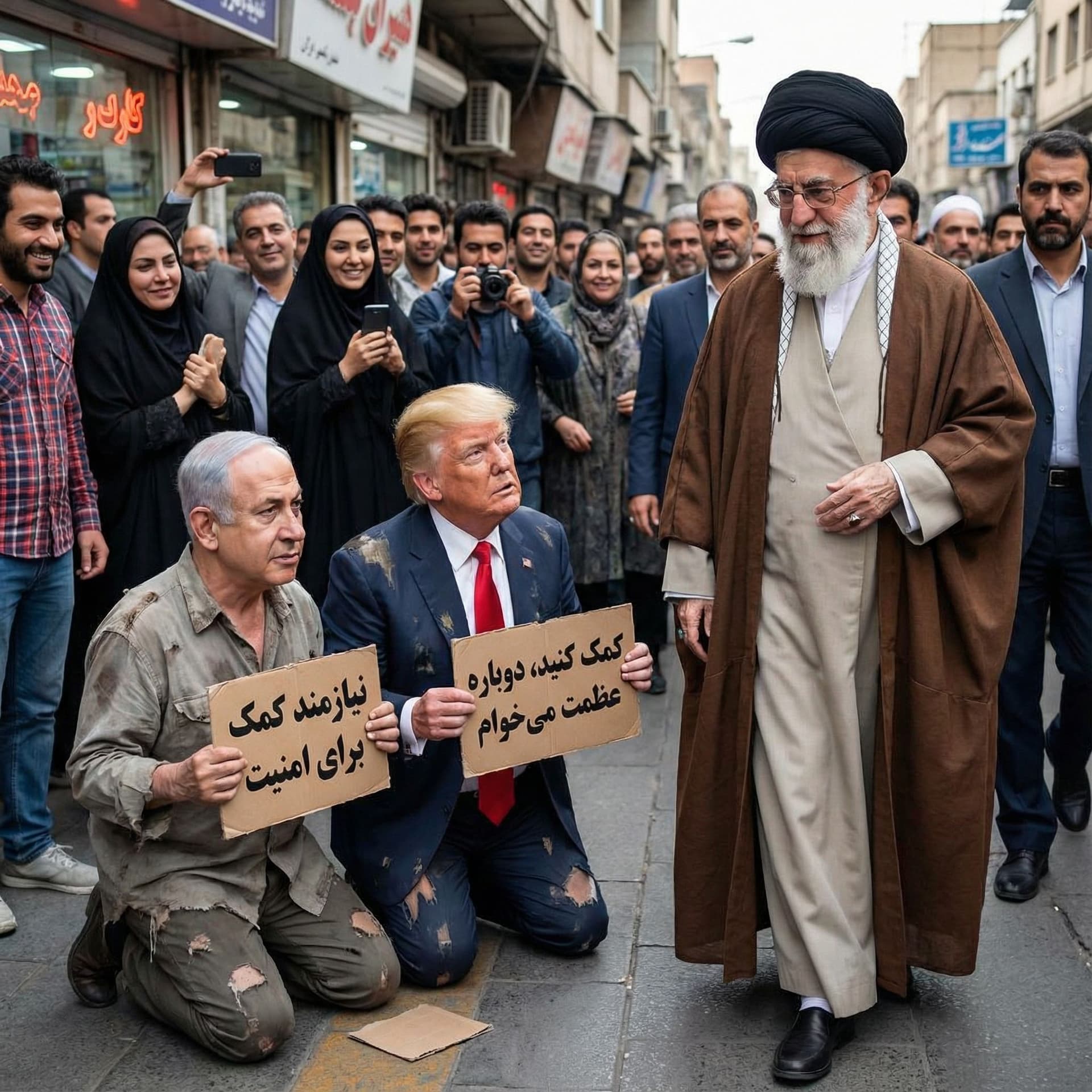AI generated: نتانیاهو و ترامپ در حال تکدی گری از مقام معظم رهبری ایران