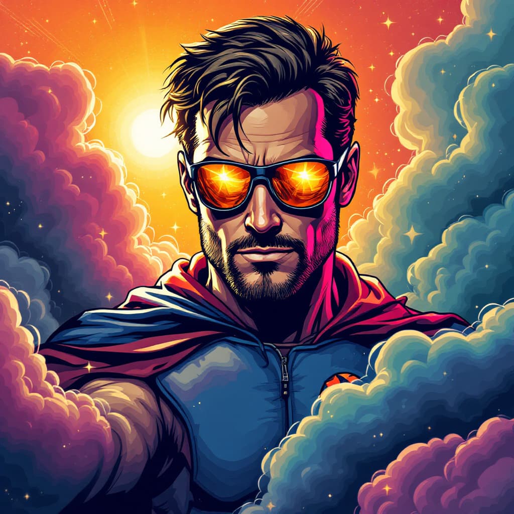 AI generated: a superhero with sun glasses hacking the world
