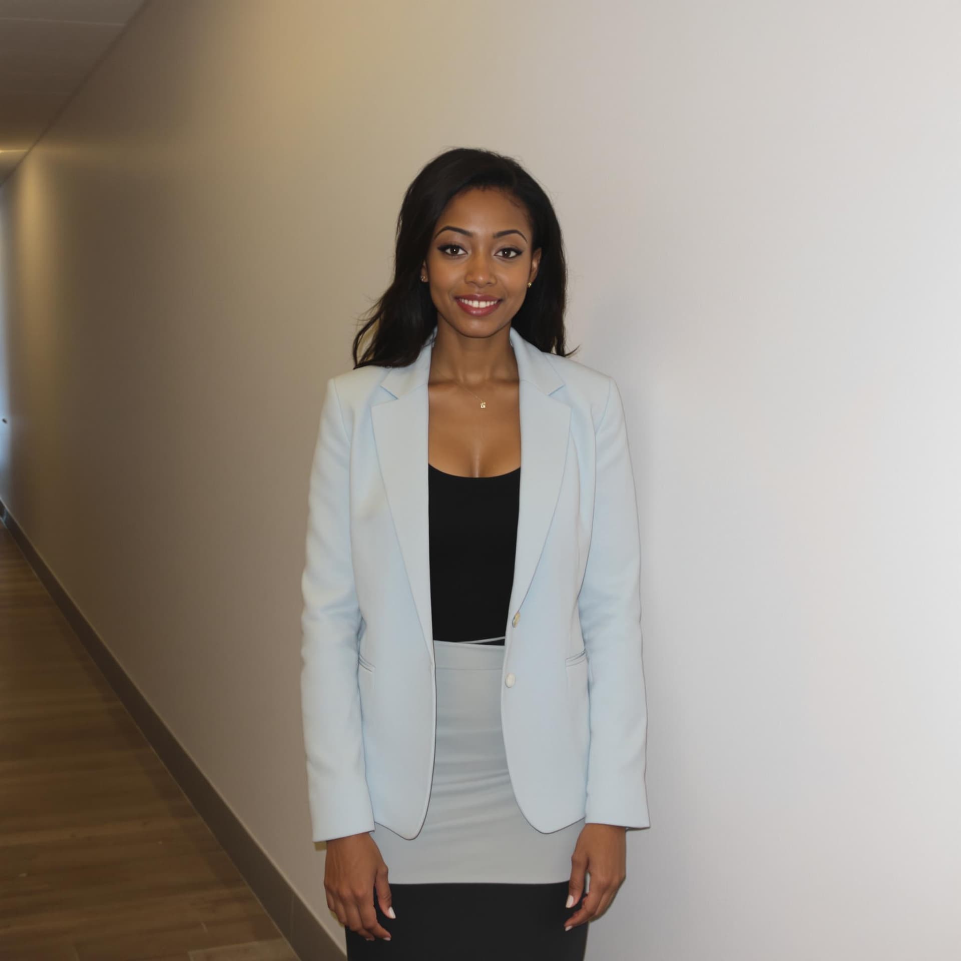 AI generated: woman stands in a hallway. She is dressed in a black top, a light blue blazer, and a skirt.  The bac...