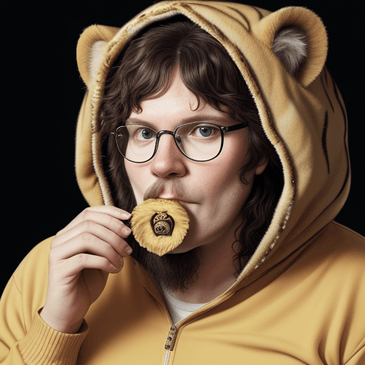 AI generated: javier milei fat, 55 years old, with eyeglasses, using a lion cover, eating a dollar