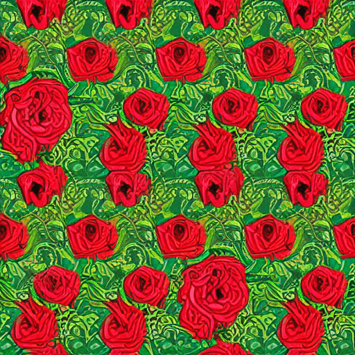 AI generated: seamless pattern consisting of a pattern, intertwined red roses with green openwork stems, subdued y...