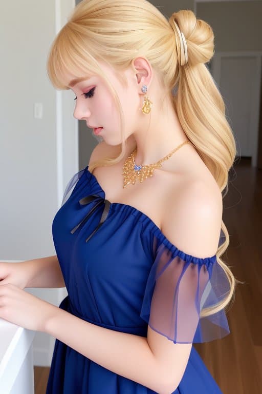 AI generated: 1girl, backlighting, bangs, bare shoulders, blonde hair, blue dress, blue eyes, crescent, crescent f...
