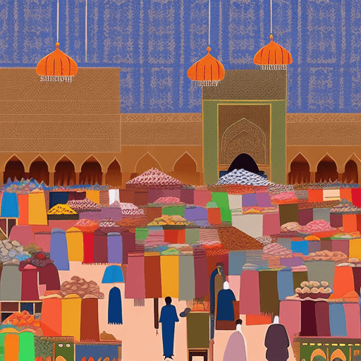 AI generated: A crowded bazaar in Marrakesh as the evening calls to prayer sound, textured acrylics, vector graphi...