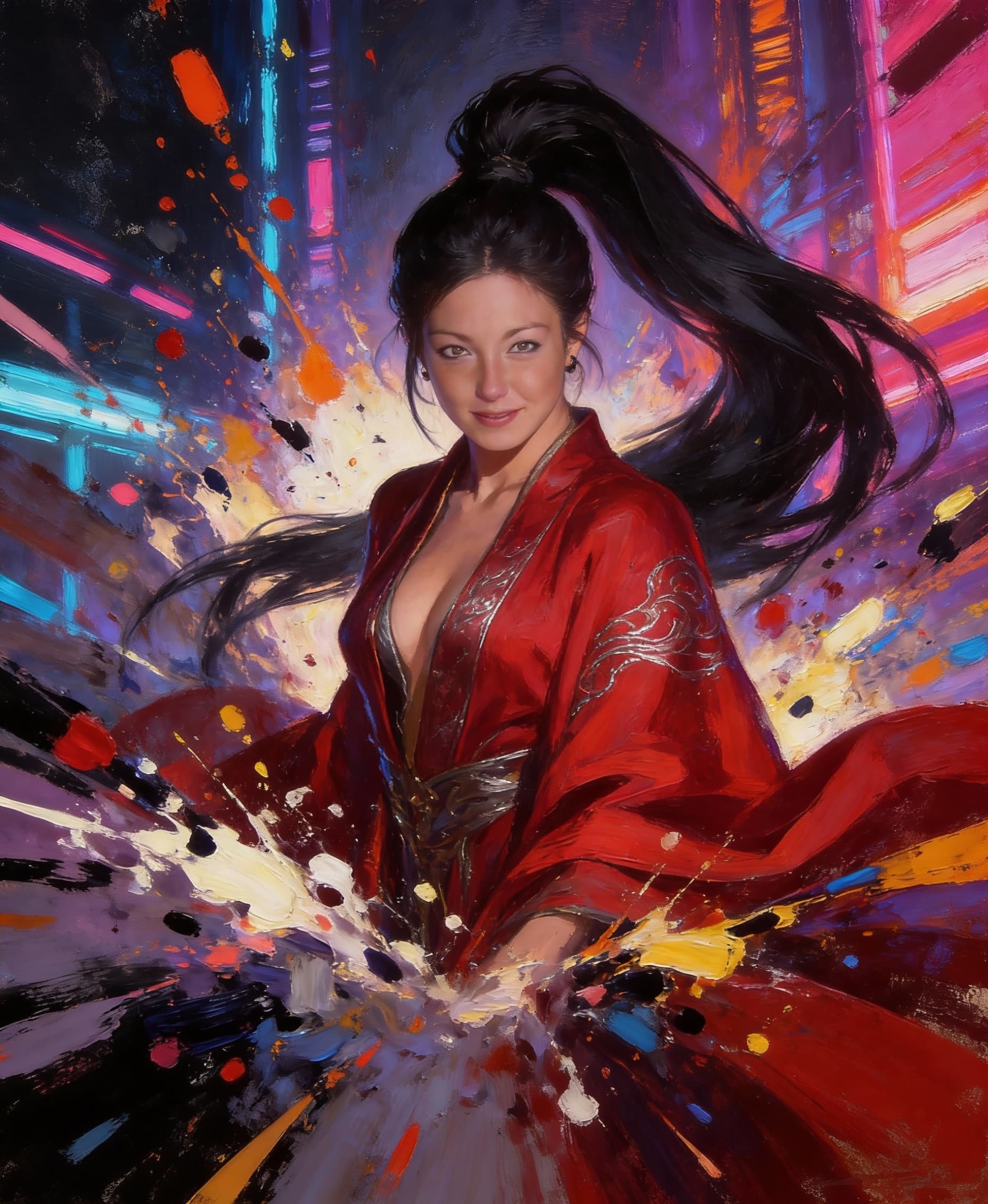AI generated: A commanding, seductive young empress stands at the center, her long obsidian hair styled in a high,...