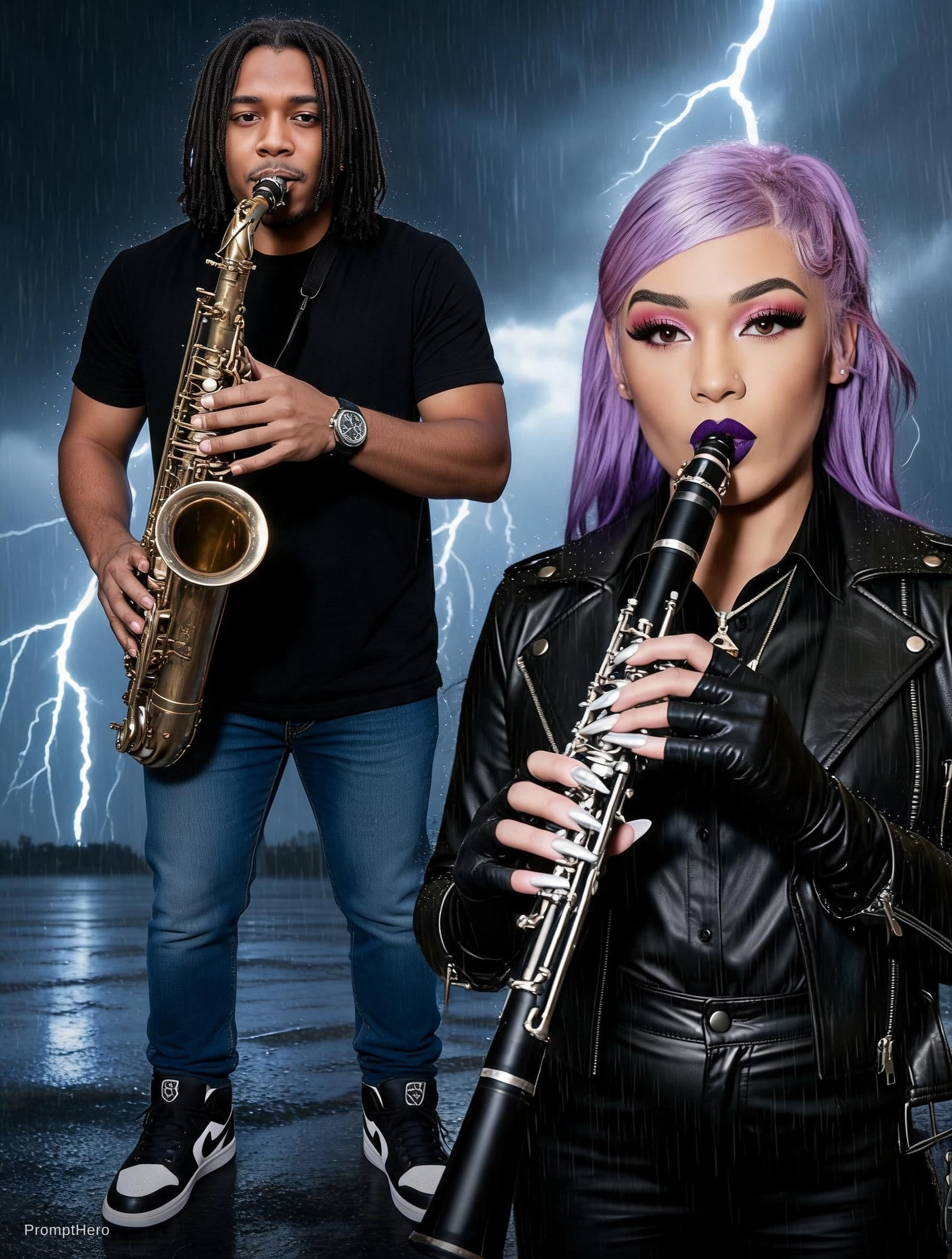 AI generated: Man plays the tenor saxophone and woman plays the clarinet 