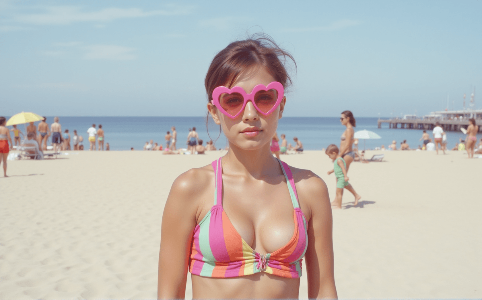 AI generated: A half-body portrait of a hippy female with a slender frame, wearing heart-shaped pink sunglasses wi...