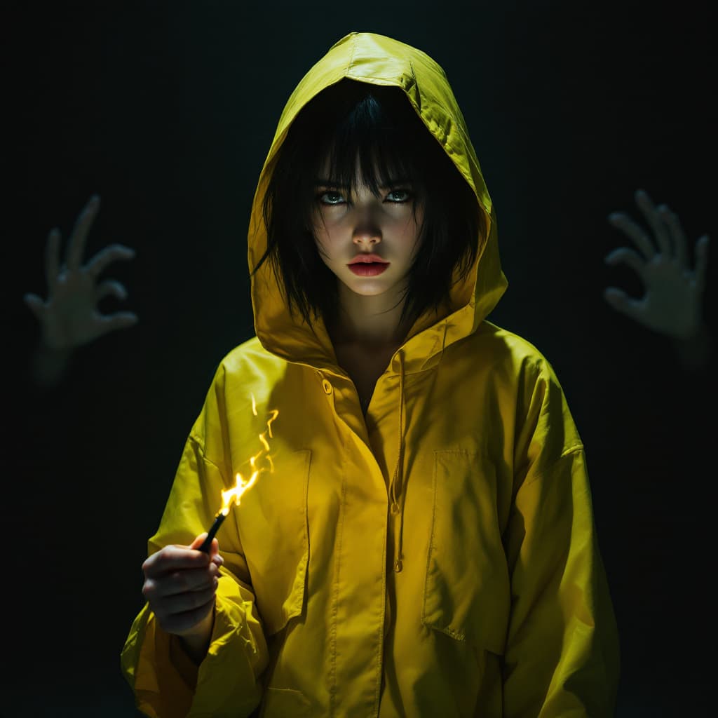 AI generated: full body view of a mysterious 18 year old woman, with messy black hair cut into a bob and long bang...
