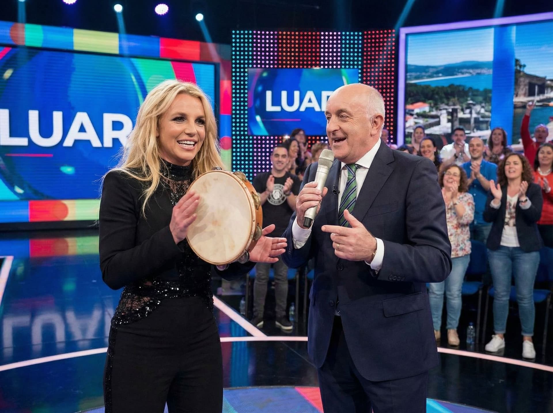 AI generated: Britney Spears va al programa LUAR de TVG y conoce en persona a Xosé Ramón Gayoso. Actúa tocando la ...