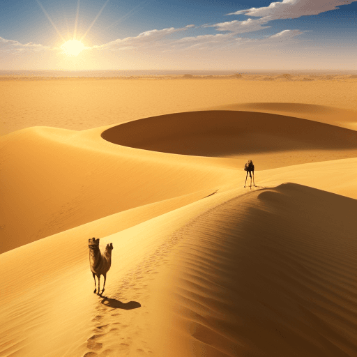 AI generated: camel in a desert in anime / art style walking on the edge of a sand dune with a declining sun