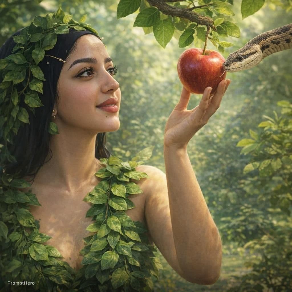 AI generated: Eve wearing leafs for clothes in the garden of eden reaching for an apple while a snake is coming fr...