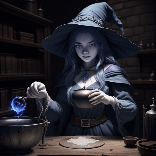AI generated: A beautiful young witch with a <great wizard's blue hat> was stirring and mixing a potion in a cauld...