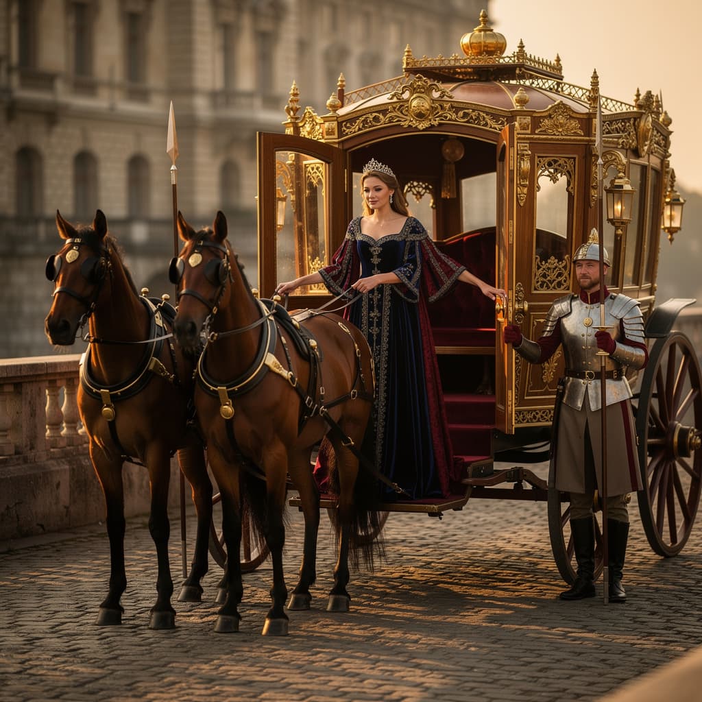 AI generated: Cena de fantasia/épica: uma princesa elegante entrando numa carroça majestosa, protegida por dois gu...