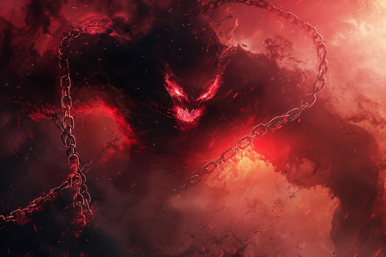 AI generated: a shadow monster with red eyes, rage eyes, without mouth, chains flying around it, everything glows ...