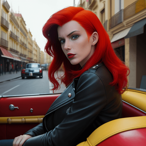 AI generated: Color street photography of an attractive woman in leather jacket with red hair sitting inside vinta...
