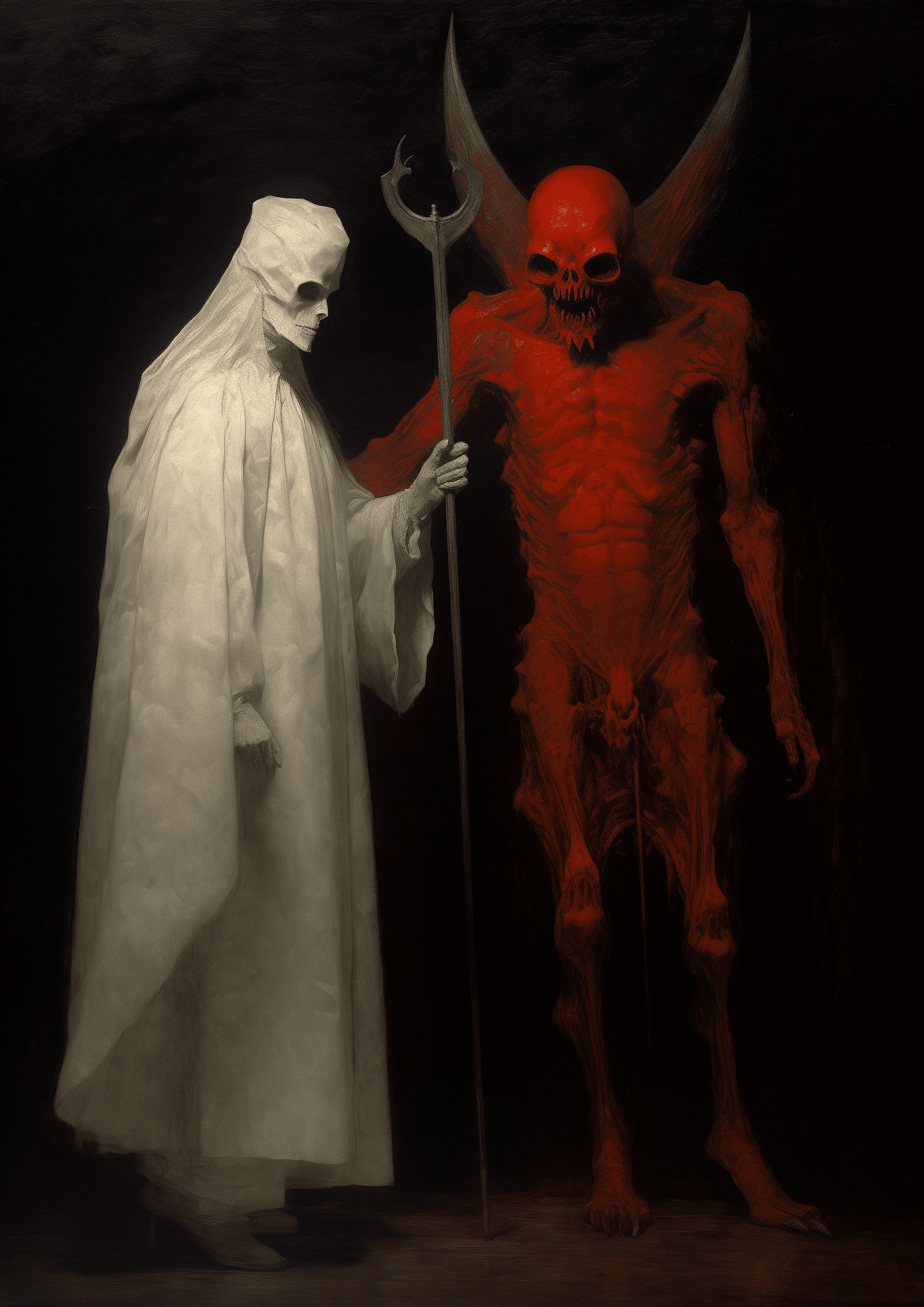 AI generated: A red devil with horns, wearing a white cloak and walking next to an angel in grey robes in the styl...