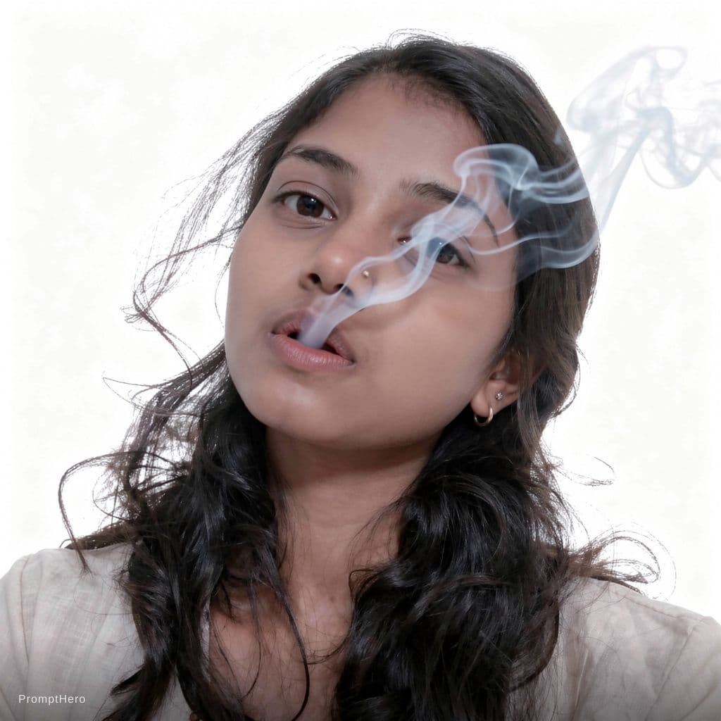 AI generated: close-up of a young woman with pale blue smoke curling from her lips against a stark white backgroun...