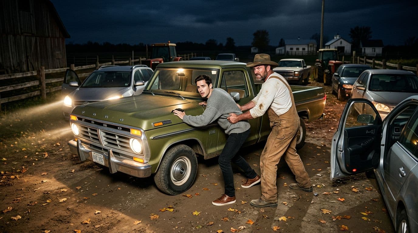 AI generated: In an Autumn night at a ranch. The vintage olive green Ford pick up truck is parked between nine car...