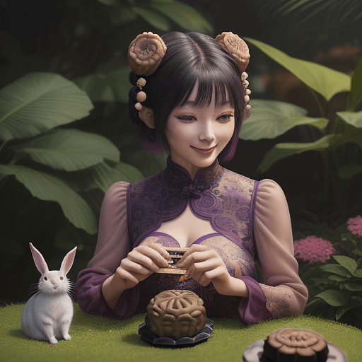 AI generated: Mooncake, A smiling cute girl wears a light pink dress made of mooncake as she lays on a hill, with ...