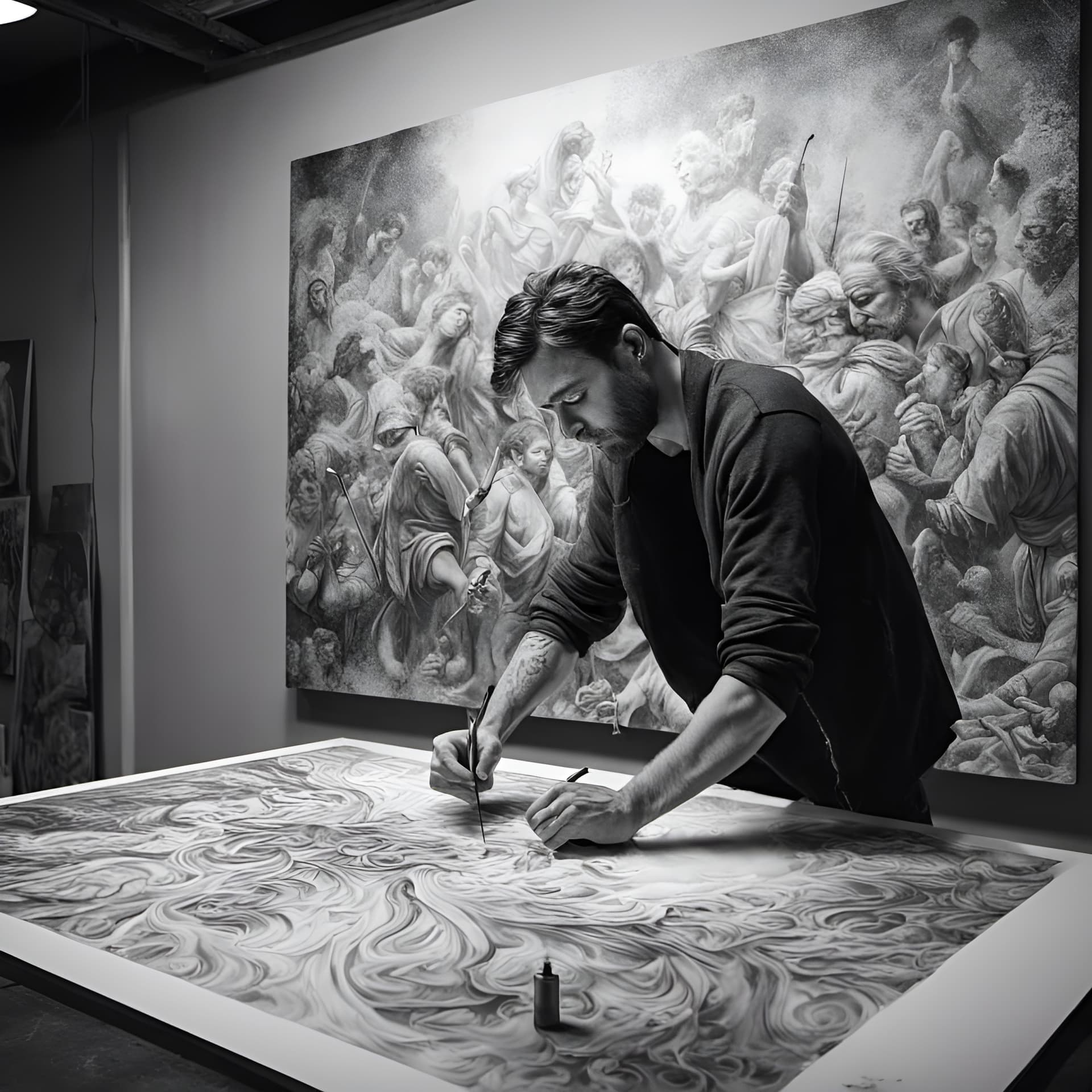 AI generated: A black and white full wide view of a man creating art on drawing board, beautiful murals, full view...