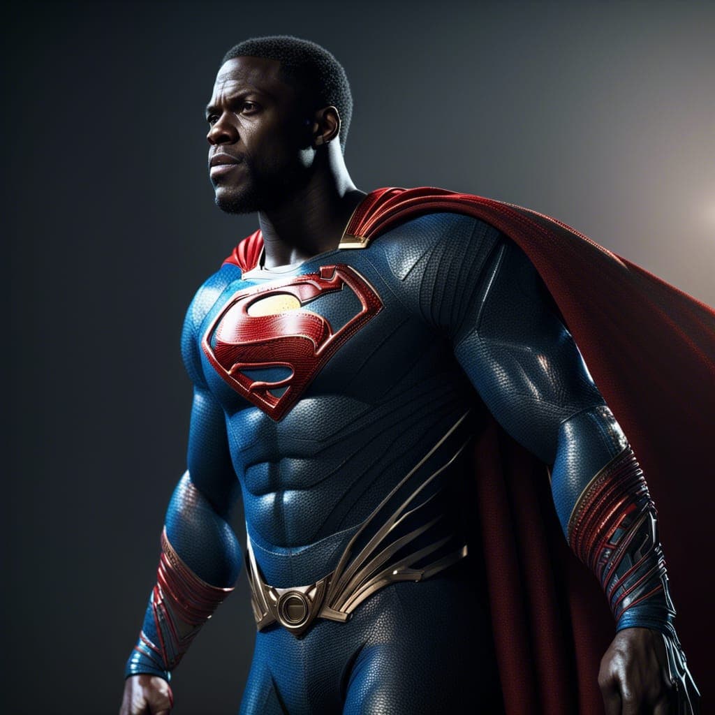 AI generated: Kevin Hart as Superman, color, full body, 5 feet tall, intricate, highly detailed, photorealistic, s...