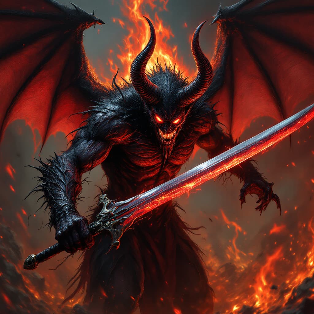 AI generated: erotic demon,very angry ,glowing eyes,with a sword,in hell,wings