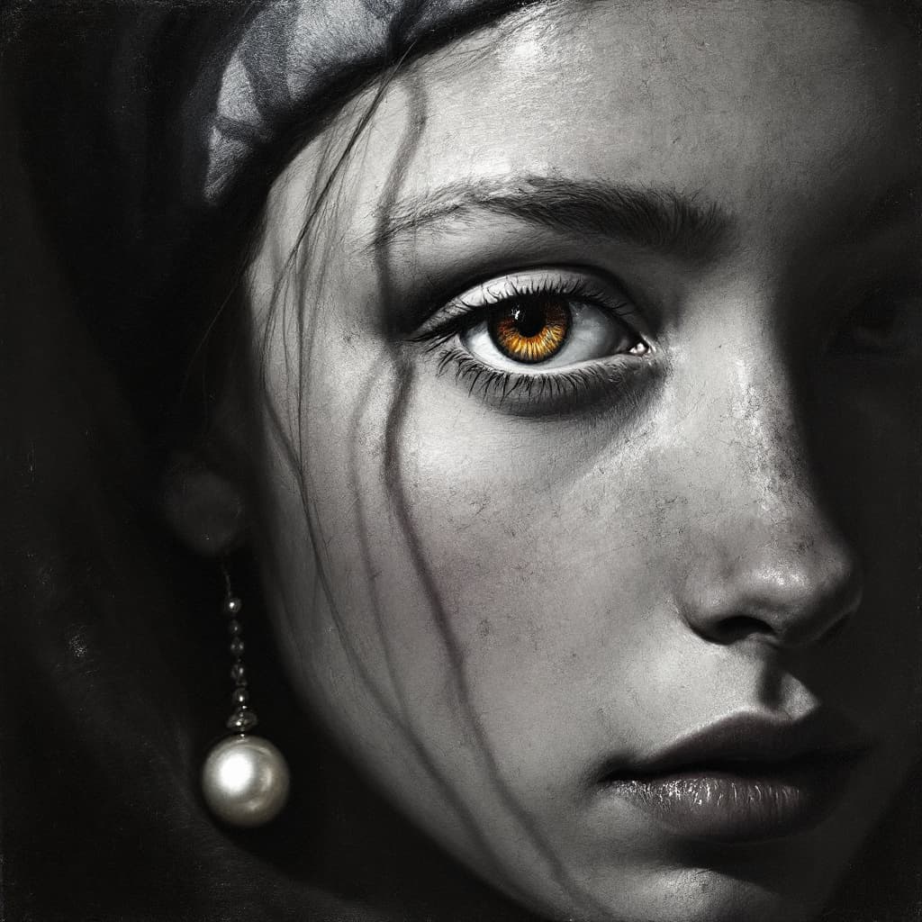 AI generated: a painting of a girl with a pearl earring,chromatic,black and grey in the style of dutch beautiful g...