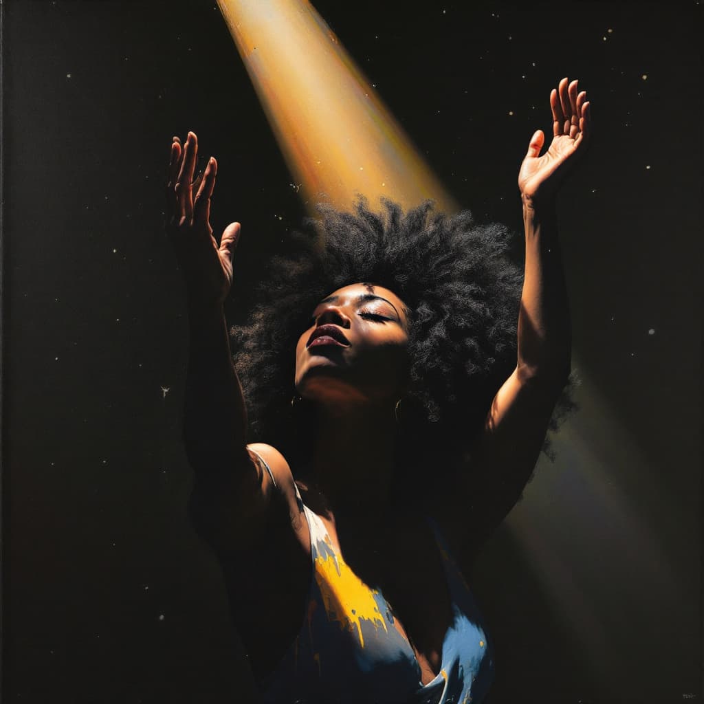 AI generated: A woman on afro hair, hands raised in veneration to the creator, head raised and bent slightly towar...